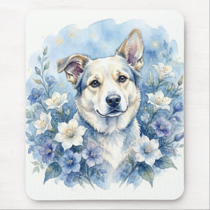 Tapis De Souris Portrait de chien floral botanique à l'aquarelle