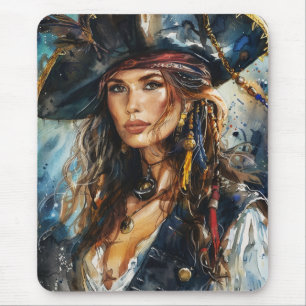 Tapis De Souris Portrait de femme pirate à l'aquarelle