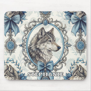 Tapis De Souris Portrait de loup d'hiver en cadre bleu et gris ora
