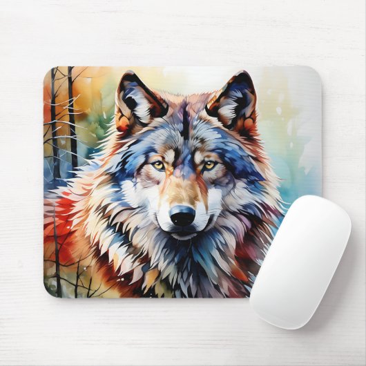 Tapis De Souris Portrait de loup sauvage et dynamique en aquarelle (Avec souris)