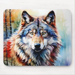 Tapis De Souris Portrait de loup sauvage et dynamique en aquarelle