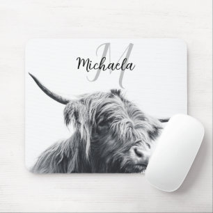 Tapis De Souris Portrait de vache Highland premier monogramme noir