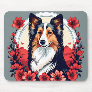 Tapis De Souris Portrait Shetland Sheepdog avec fleurs vibrantes