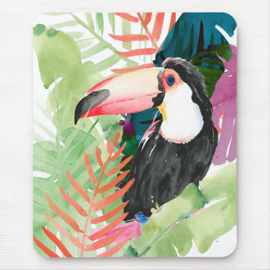 Tapis De Souris Portrait toucan avec Feuilles tropicaux (Devant)