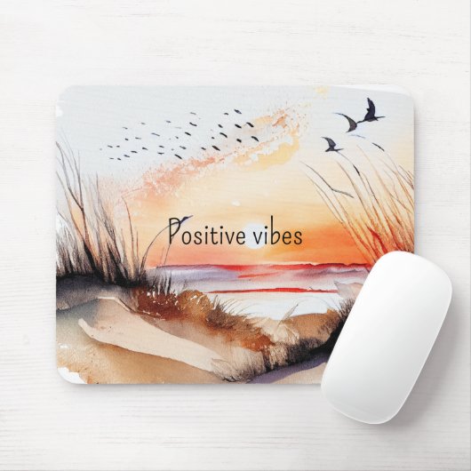 Tapis De Souris Positif Vibes Beach coucher de soleil avec oiseaux (Avec souris)