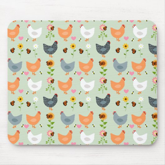Tapis De Souris Poulets dans les fleurs Green Mouse Pad (Devant)