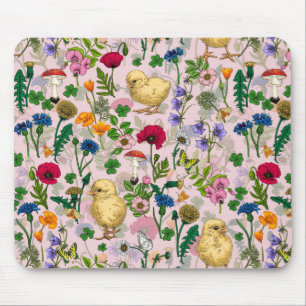 Tapis De Souris Poulets et fleurs sauvages sur coton bonbon rose