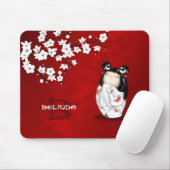 Tapis De Souris Poupée Kokeshi Rouge Noir Blanc Cerisier Fleurs (Avec souris)