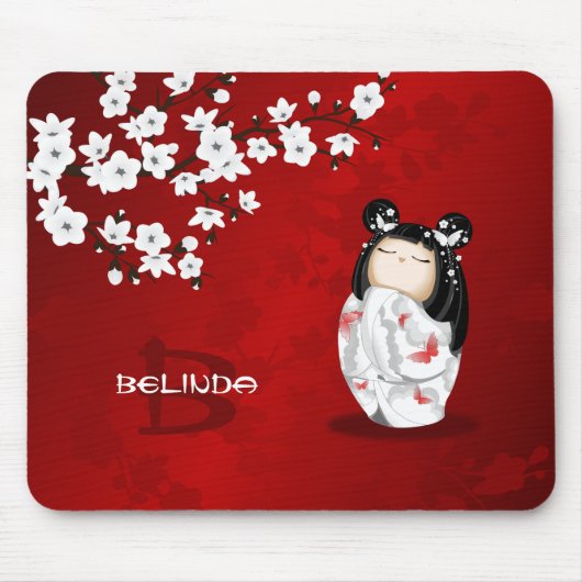 Tapis De Souris Poupée Kokeshi Rouge Noir Blanc Cerisier Fleurs (Devant)