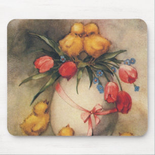 Tapis De Souris Poussins de Pâques vintage avec fleurs de tulipes 