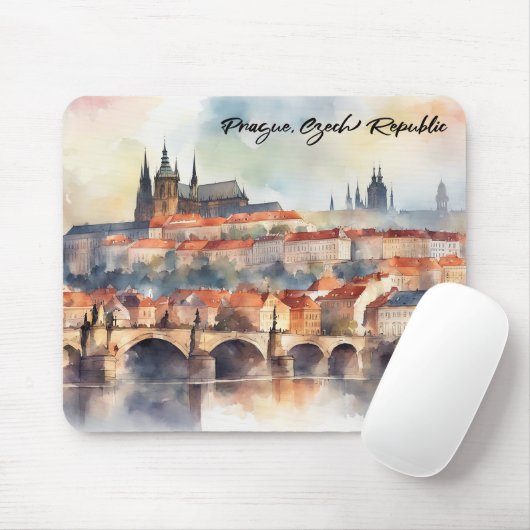 Tapis De Souris Prague République tchèque aquarelle Panorama (Avec souris)