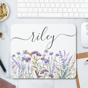 Tapis De Souris Pré à fleurs sauvages violet aquarelle monogrammé