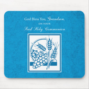 Tapis De Souris Première communion du petit-fils Bleu, Blé, Raisin