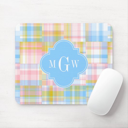 Tapis De Souris Preppy Patchwork Madras Pastel Quatrefoil Initials (Avec souris)