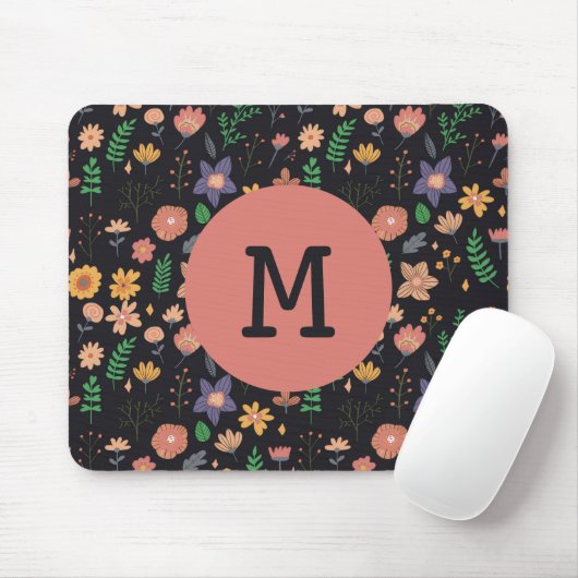 Tapis De Souris Pretty Modern Dark Floral Pattern Monogram (Avec souris)