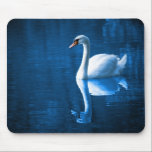 Tapis De Souris Pretty white swan floating on blue lake<br><div class="desc">A lovely nature scene of a white swan swimming on a peaceful blue lake. The dark blue shadows contrasts nicely with the soft blue lighting on this peaceful swan.</div>