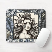 Tapis De Souris Princesse Polynésienne Fleurie Tribale Bleue (Avec souris)