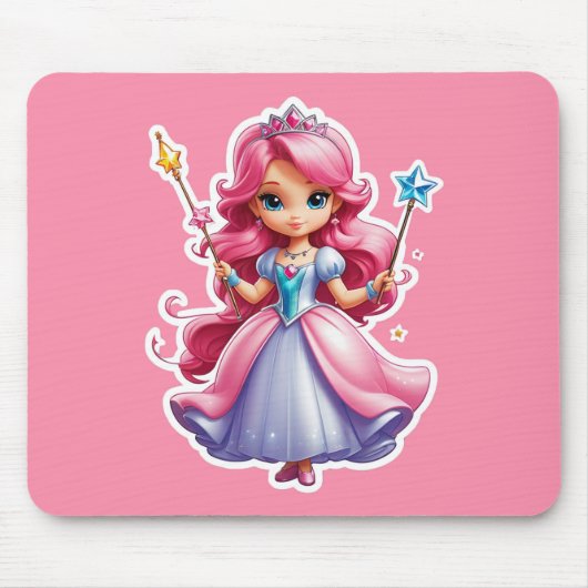 Tapis De Souris Princesse Rose Avec Baguette Magique Et Tiara (Devant)