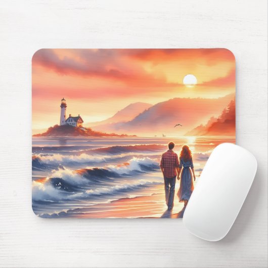 Tapis De Souris Promenade au phare du coucher de soleil côtier rom (Avec souris)