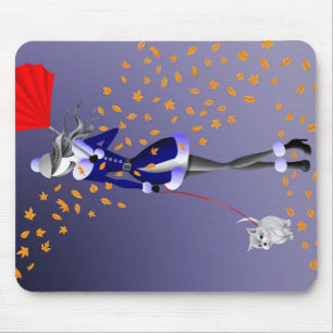 Tapis De Souris Promeneur de chien Feuilles d'automne Bleu