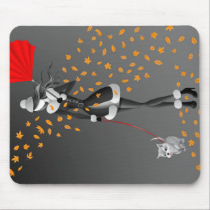 Tapis De Souris Promeneur de chien Feuilles d'automne Noir