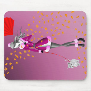 Tapis De Souris Promeneuse de chien Feuilles d'automne roses
