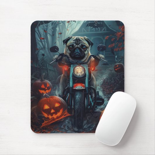 Tapis De Souris Pug à moto Halloween effrayant (Avec souris)