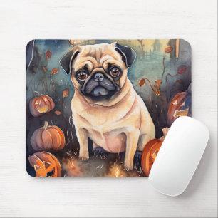 Tapis De Souris Pug d'Halloween avec des citrouilles effrayantes