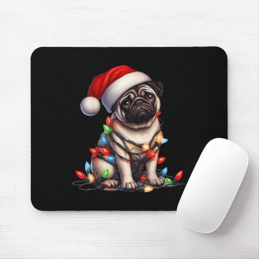 Tapis De Souris Pug Dog Christmas Lights Santa Hat Dog Lover (Avec souris)