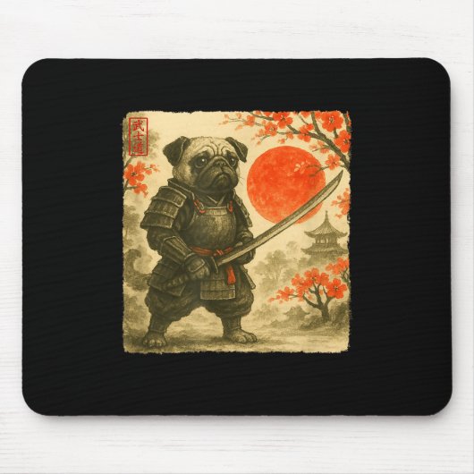 Tapis De Souris Pug Samurai Japanese Warrior Costume Sumi-e Art Fu (Devant)