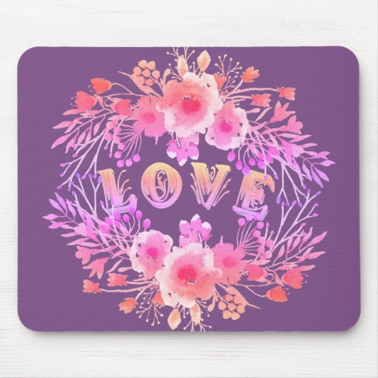 Tapis De Souris Purple LOVE dans l'aquarelle Fleurs (Devant)