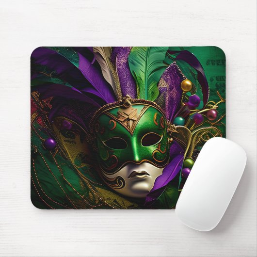 TAPIS DE SOURIS PURPLE OR VERT MARDI GRAS MASK & FEATHERS (Avec souris)
