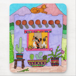 Tapis De Souris Quatre chats dans une maison violette Adobe House