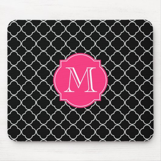 Tapis De Souris Quatrefoil noir et blanc avec le monogramme (Devant)