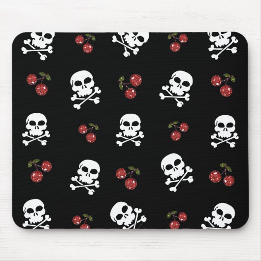 Tapis De Souris RAB Rockabilly Skuls et Cerises sur Noir (Devant)