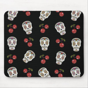 Tapis De Souris RAB Rockabilly Sugar Skulls Cerises Sur Fond Noir