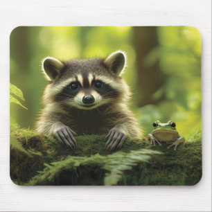 Tapis De Souris Raccoon adorable et grenouille à la recherche de M