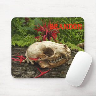 Tapis De Souris Raccoon crâne vieux rond avec fougères et rouge Mo