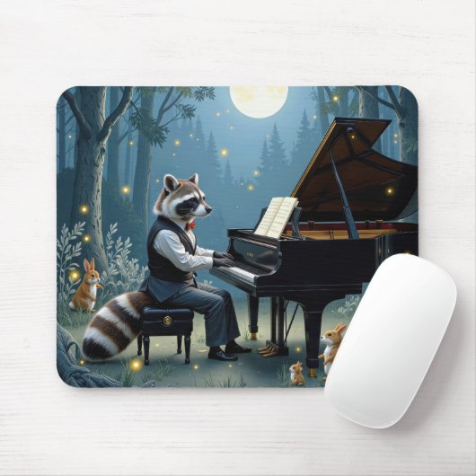 Tapis De Souris Raccoon Jouer un grand piano dans la forêt (Avec souris)