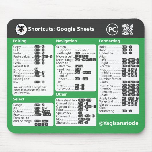 Tapis De Souris Raccourcis clavier de Google Sheets pour PC Mouse (Devant)
