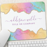 Tapis De Souris Rainbow Gold Aquarelle Agate Salon Business<br><div class="desc">Aquarelle Arc-En-Ciel Et Or Porte De Souris D'Affaires. Ce design présente une agate arc-en-ciel colorée dans un style artistique contemporain accentué par des bords de parties scintillant dorée. Ce design féminin lumineux est parfait pour toute femme d'affaires professionnelle à la recherche d'une identité artistique d'entreprise amusante. Parfait pour un planificateur...</div>
