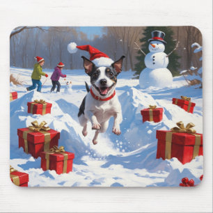 Tapis De Souris Rat Terrier courant dans la neige avec un chapeau