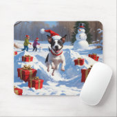 Tapis De Souris Rat Terrier Courir en neige avec Casquette de Noël (Avec souris)