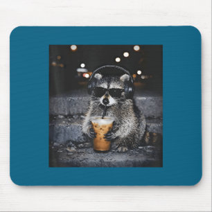 Tapis De Souris Raton laveur buvant un café glacé design amusant