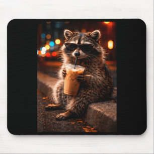 Tapis De Souris Raton laveur buvant un café glacé drôle