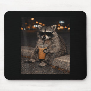 Tapis De Souris Raton laveur buvant un café glacé mème animal drôl