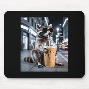 Tapis De Souris Raton laveur buvant un café glacé mème animal drôl