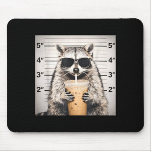 Tapis De Souris Raton laveur buvant un café glacé mugshot drôle an