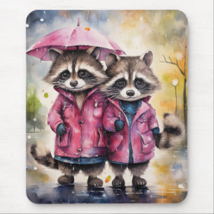 Tapis De Souris Raton laveurs mignons sous la pluie