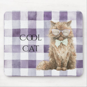 Tapis De Souris Rayures Ecossais Violettes Lunettes De Chat Marron